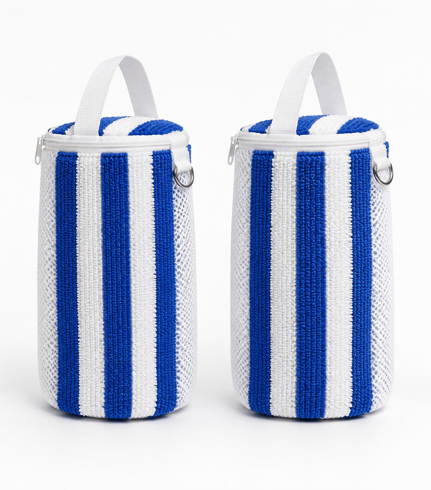 Two Kickswell blue and white chenille sneaker wash bags with zippers, straps, and metal hooks