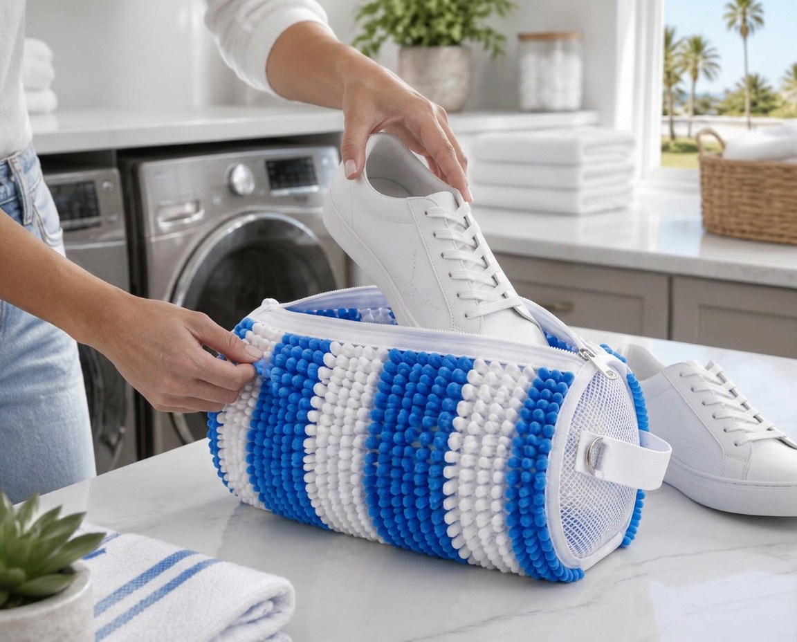 White sneaker being placed inside a blue and white chenille Kickswell wash bag